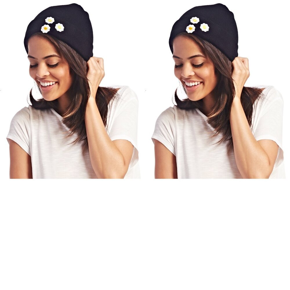 Pack of 2 Wet Seal Daisy Cuff Beanie, Black